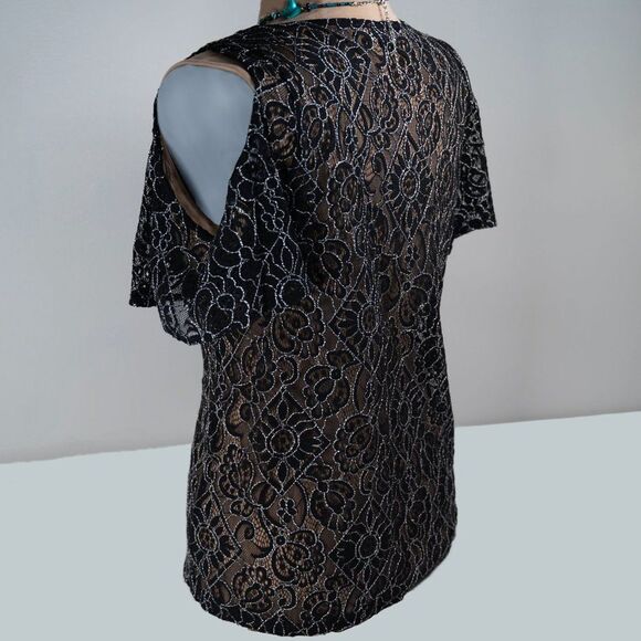 LOFT Black Floral Sheer Lace Black Cold Shoulder Top - Picture 5 of 10